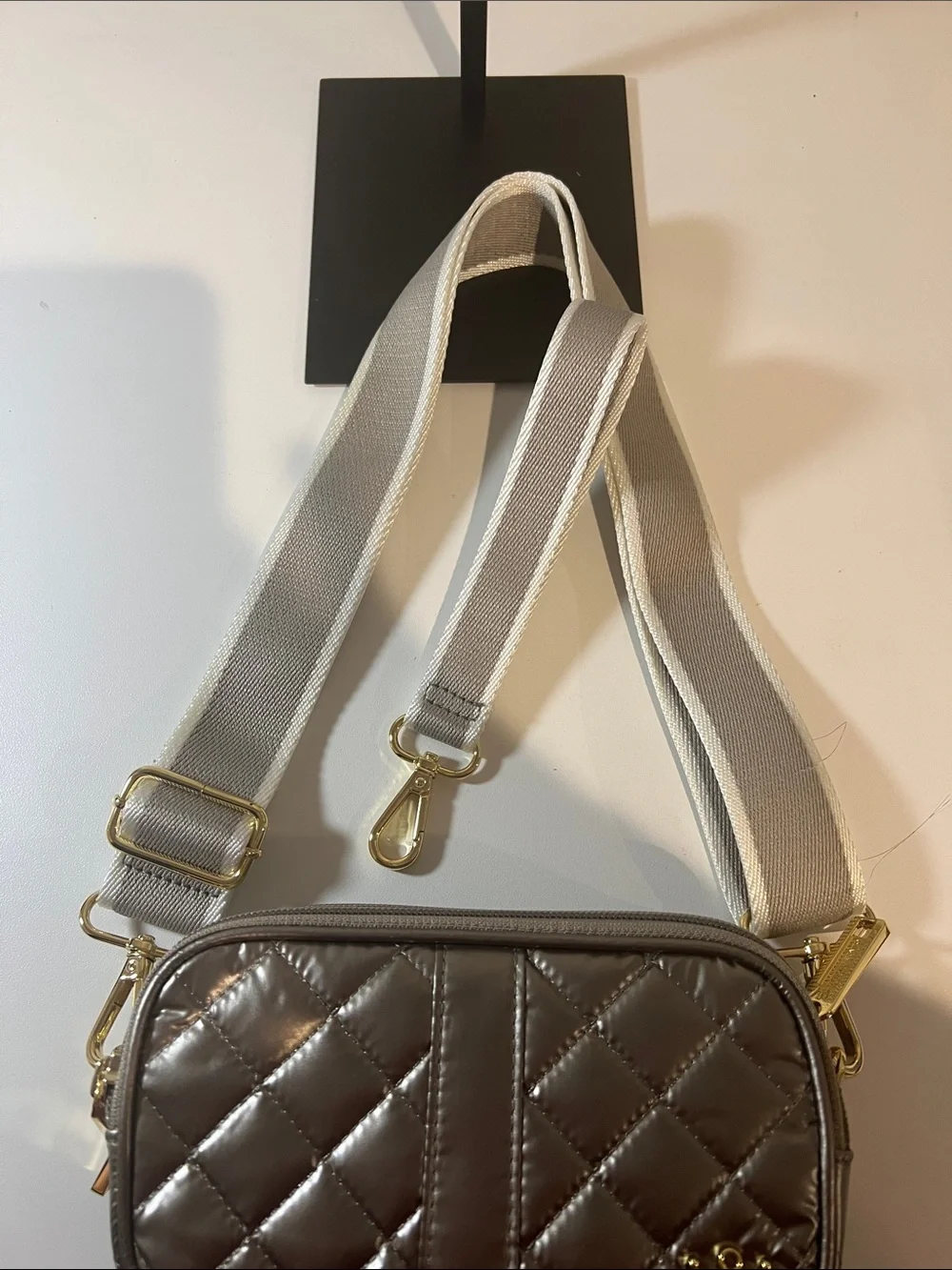Oliver Thomas Triple Threat Quilted Metallic silver Crossbody with Gold Hardware